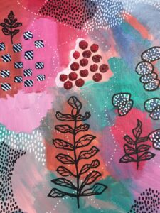 Abstract acrylic painting with branches, circles, and marks